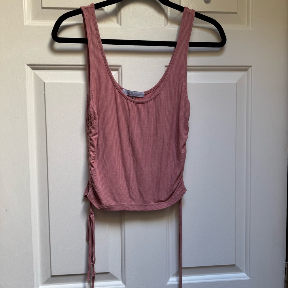 MISS SPARKLING Dusty Rose Pink w/ Ruching Cinch Up Ties Ribbed Tank Oversized Sm